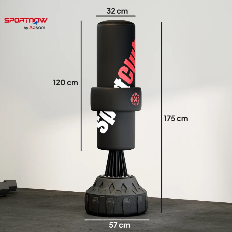 SPORTNOW Saco de Boxeo de Pie 175 cm para Adultos Altura Ajustable de Banda Base Rellenable con Ventosas Amortiguador Negro