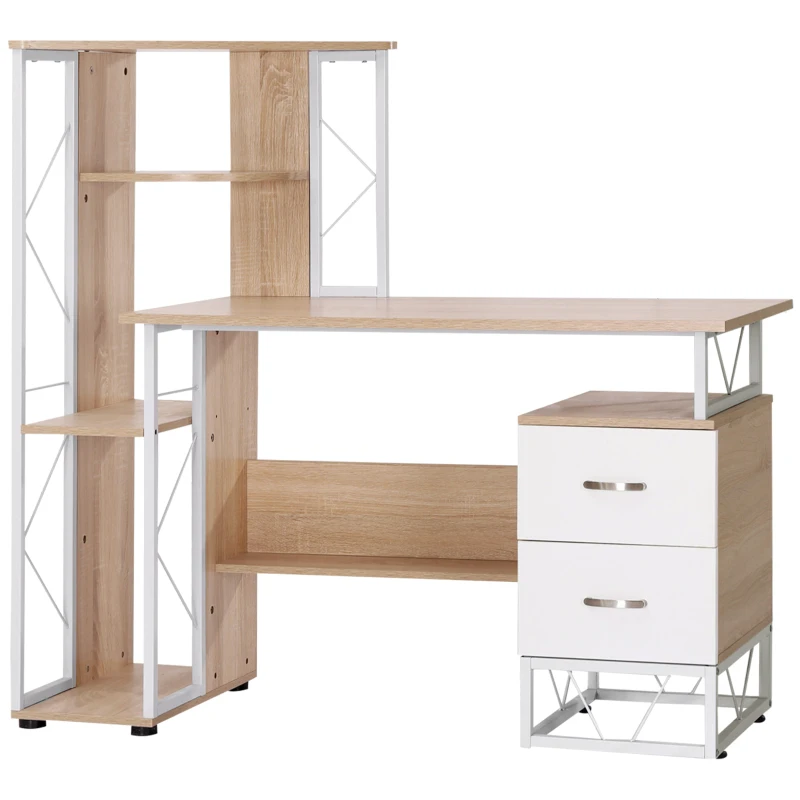 HOMCOM Computer Desk with Drawers and Bookshelf, Writing Desk for Home Office with Storage Shelves, Study Workstation, Oak