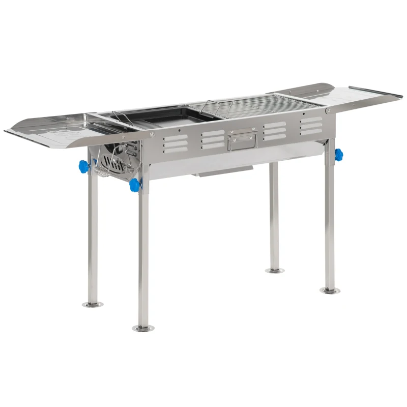 Outsunny Barbecue à Charbon Pliable Portable réglable BBQ Grill sur Pied avec tablettes rabattables, Grille, Plaque teppanyaki, Pinces, récupérateur Cendres Acier INOX.