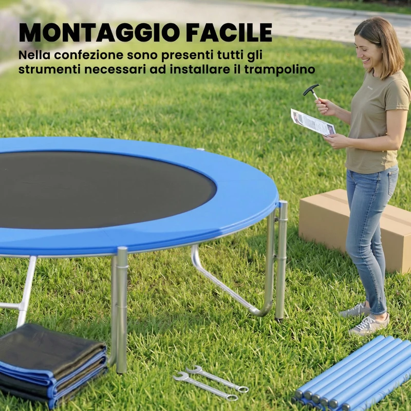 SPORTNOW Trampolino Elastico da Giardino Ø305x248 cm con Rete di Protezione e Scala, in Acciaio e PP, Blu