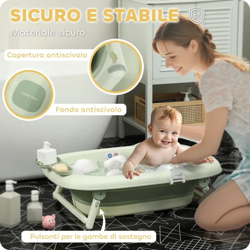 AIYAPLAY Vaschetta Bagnetto Pieghevole per Neonati con Cuscinetto e Lavabo, in Plastica Antiscivolo, 86x53x25.5 cm, Verde