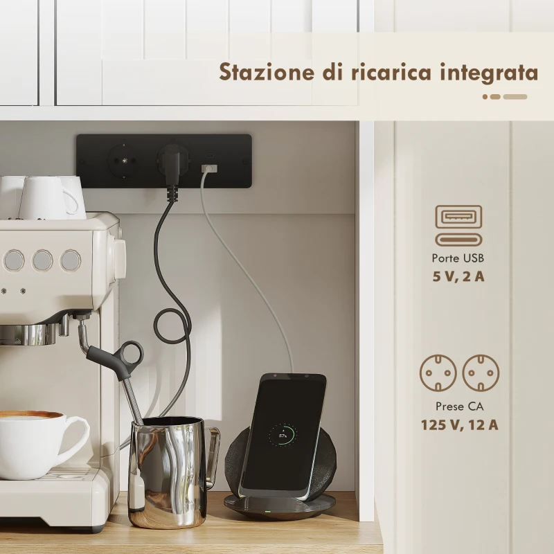 HOMCOM Credenza da Cucina Alta 173 cm con Stazione di Ricarica, Piano per Microonde, Ripiani Regolabili, 4 Rastrelliere per Spezie, Bianco
