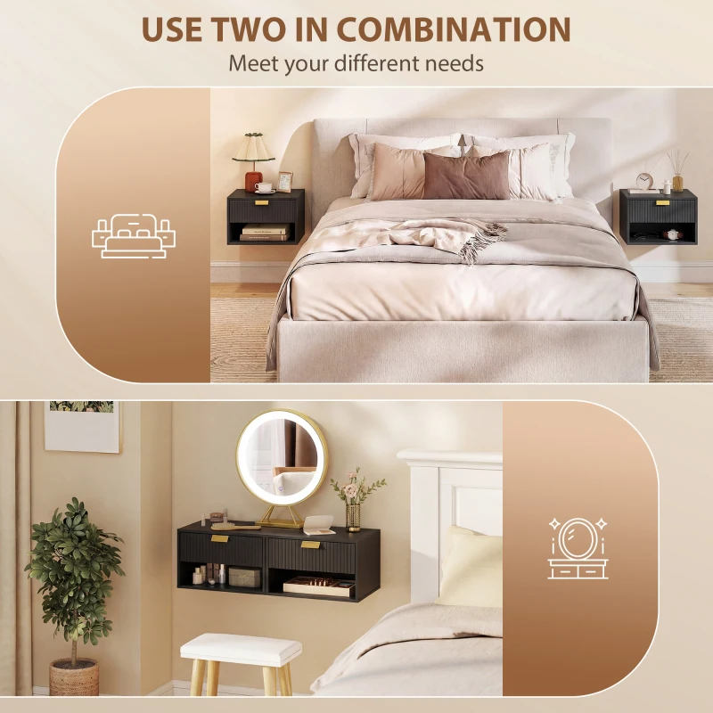 HOMCOM Set of 2 Wall Mounted Nightstands, Floating Bedside Tables with Fluted Drawer and Open Shelf for Small Bedroom, Black