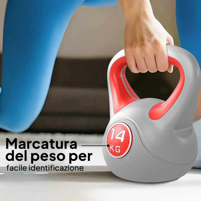 SPORTNOW Kettlebell 14kg in PU e Sabbia con Base Piatta e Impugnatura per Stacchi, Squat e Sollevamenti, 26x18x32 cm, Rosso