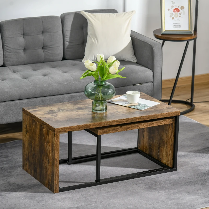 HOMCOM Lot de 2 Tables Basses gigognes Design Industriel encastrable dim. Grande Table 90L x 48l x 42H cm métal Noir Aspect Vieux Bois