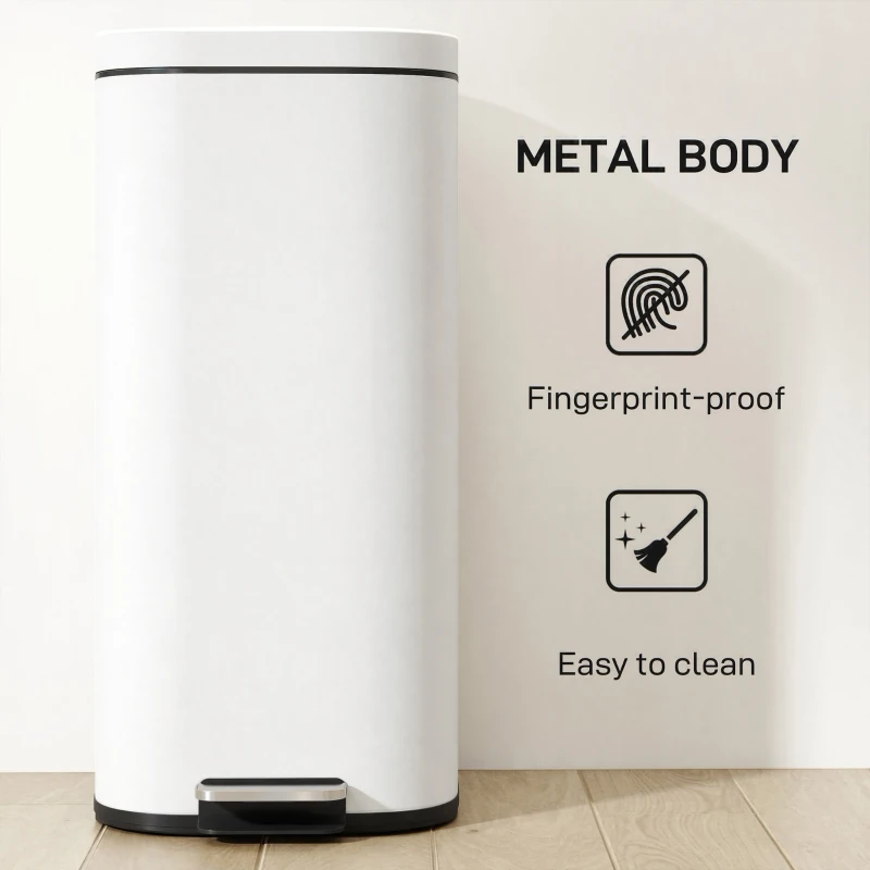 HOMCOM 30L Kitchen Bin, Compact Pedal Bin with Soft-Close and Stay-Open Lid, Removable Bucket for Kitchen, Home, Office, Cream