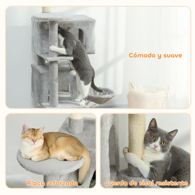 PawHut Árbol Rascador para Gatos 140 cm con Plataformas Cama 2 Cuevas Hamaca Escalera Postes de Sisal Gris Claro