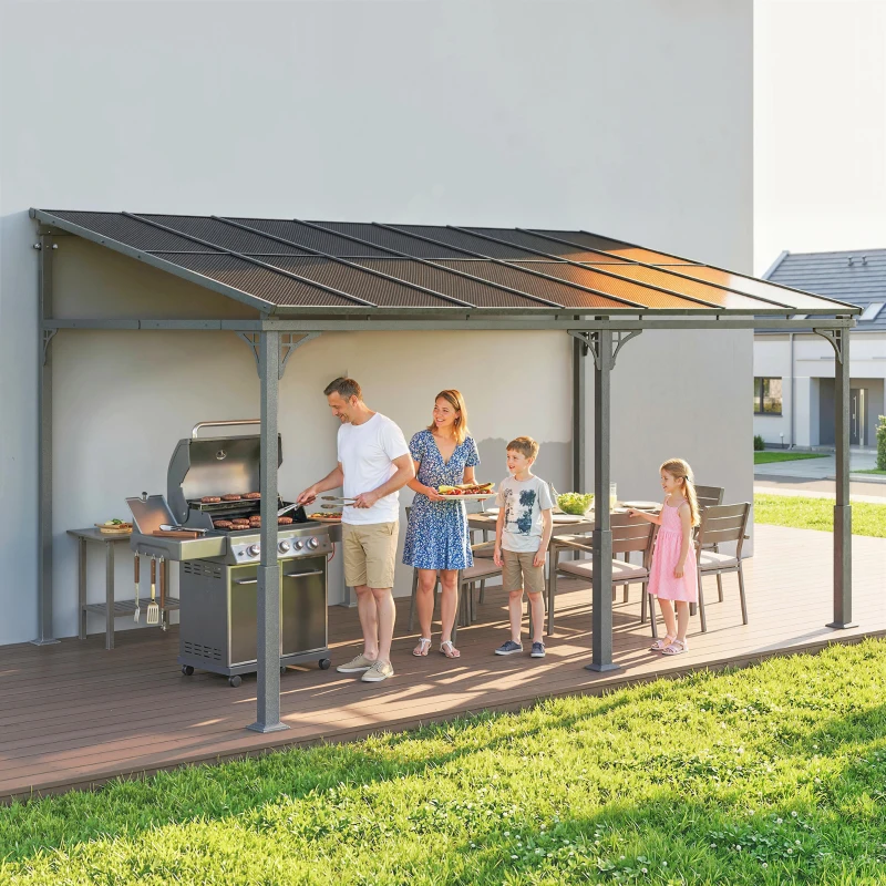 Outsunny Pergola Addossata 4x3 m con Tetto in Policarbonato, Metallo e Alluminio con Viti, Marrone