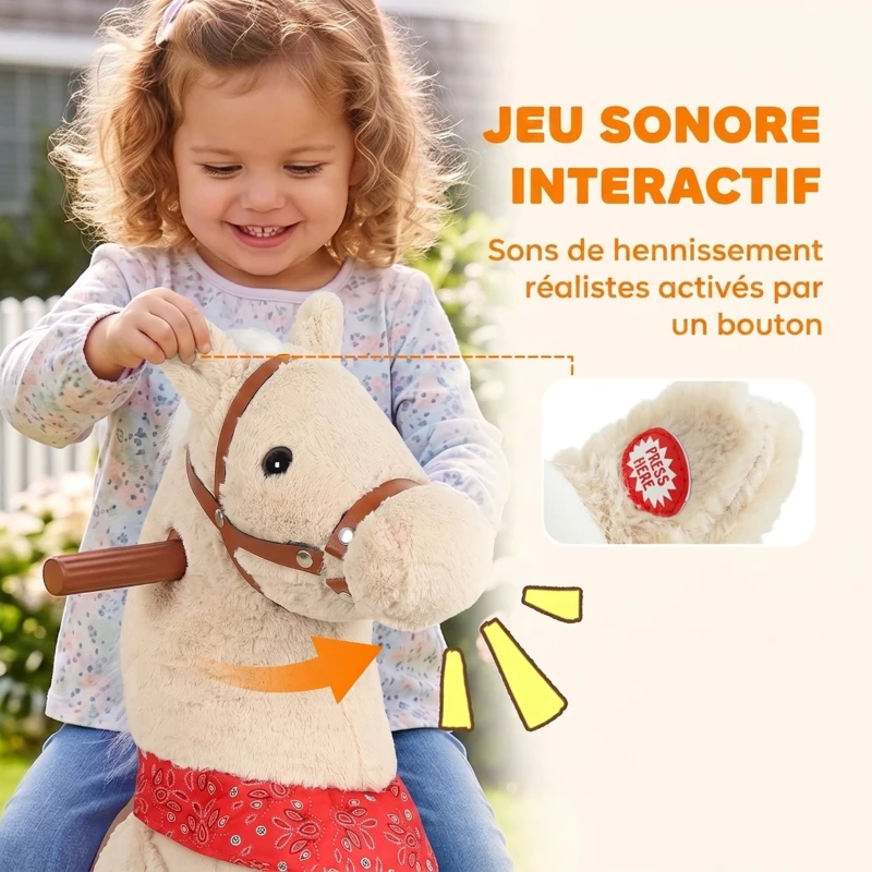AIYAPLAY Cheval à bascule en peluche avec tête rotative, roues roulantes et sons de hennissement, dès 2 ans, marron clair