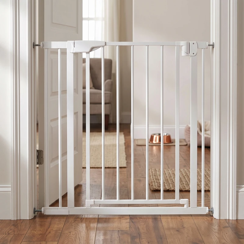 PawHut Barrière de Sécurité pour Chiens et Bébés 76 à 88 cm avec Extension, Fixation par Pression sans Perçage, 76 à 88 cm, Blanc