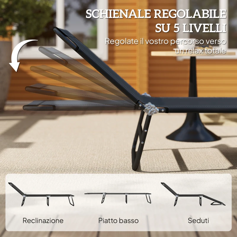 Outsunny Sdraio da Giardino Pieghevole con Schienale Regolabile, Acciaio e Tessuto Oxford, 188x56x28cm, Nero
