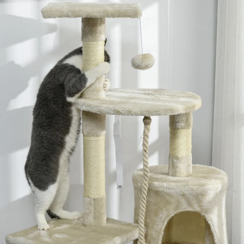 PawHut Rascador para Gatos Altura 116 cm Árbol para Gatos Torre de Escalada con Postes Rascadores de Sisal Cueva Plataformas y Juguetes Divertidos Colgantes Beige