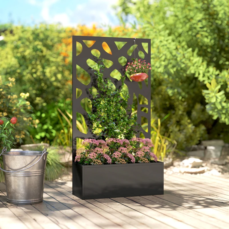 Outsunny Metal Raised Garden Bed with Trellis, Outdoor Planter Box with Privacy Screen, Elevated Garden Box for Climbing Plants