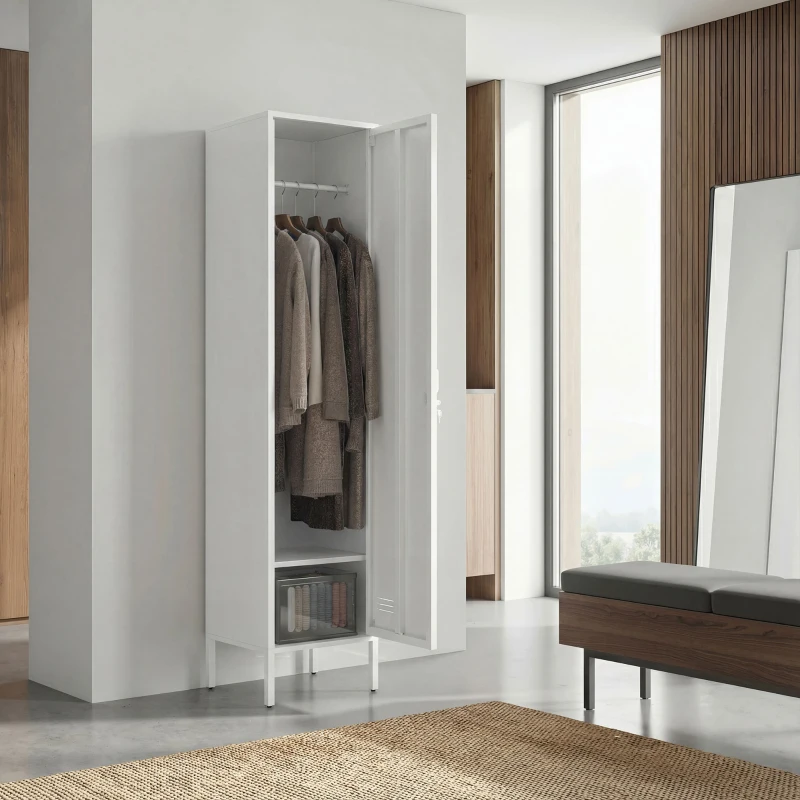 HOMCOM Armadio Metallico con Porta Chiudibile, Portanome e Asta Appendiabiti, 40x40x179 cm, Bianco
