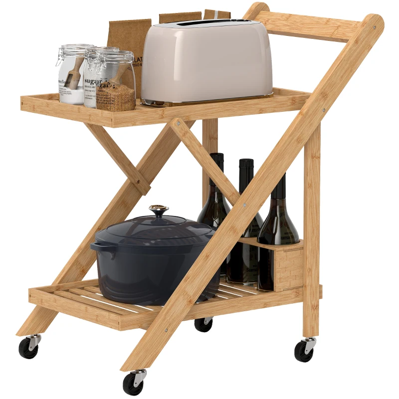 HOMCOM Carrello da Cucina Portavivande Pieghevole a 2 Livelli con Portabottiglie in Legno di Bambù