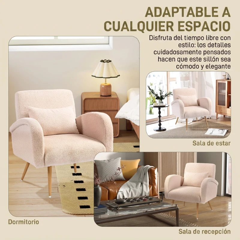 HOMCOM Sillón de Salón de Tela Teddy con Cojín Lumbar Desmontable Patas de Metal con Efecto Madera para Dormitorio Beige