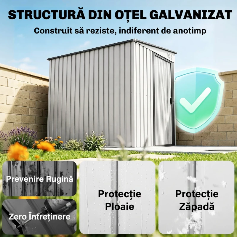 Outsunny Căsuță pentru depozitare unelte din metal 1,5x2m cu bază, ușă glisantă și acoperiș înclinat, albă