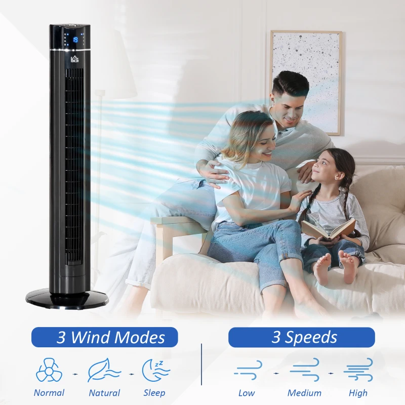 HOMCOM Anion Tower Fan for Bedroom, 42 inch, 6 m/s Powerful Velocity, Standing Floor Fan with 60° Oscillating, 3 Modes, 3 Speeds, 8 Hour Timer, LED Display, Remote Control, Black