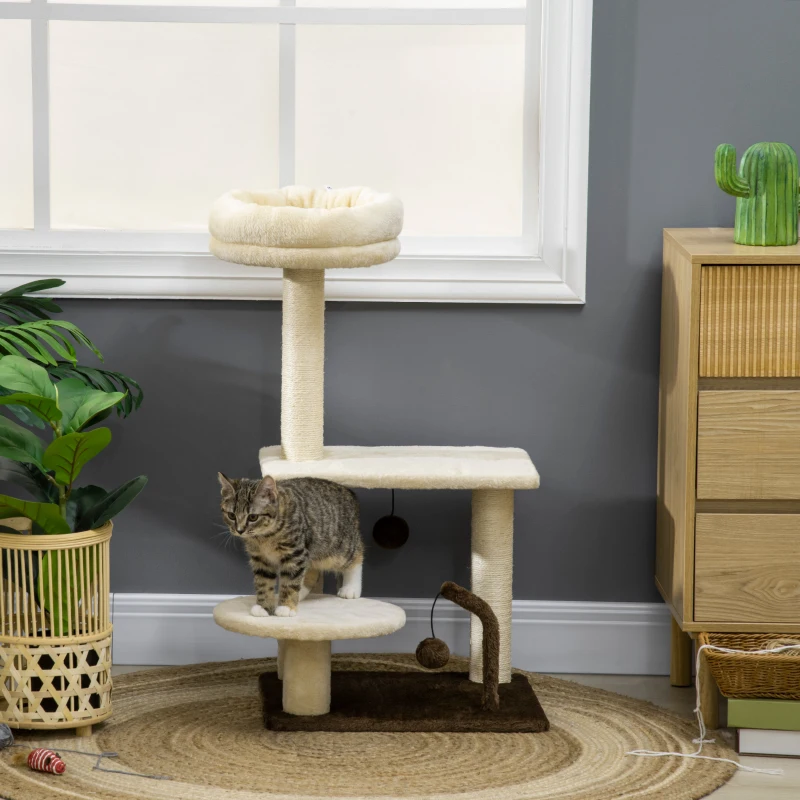PawHut Albero Tiragraffi per Gatti con Palo in Sisal, Posatoio e Palline da Gioco, in Truciolato e Peluche, 44x38x81 cm