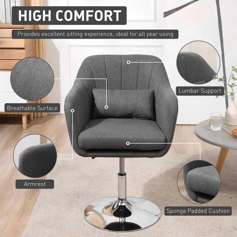 HOMCOM Swivel Accent Chair, Linen Fabric Tub Vanity Chair, Modern Armchair with Adjustable Height and Lumbar Support for Living Room Bedroom Salon Make up Room Dressing Table, Dark Grey