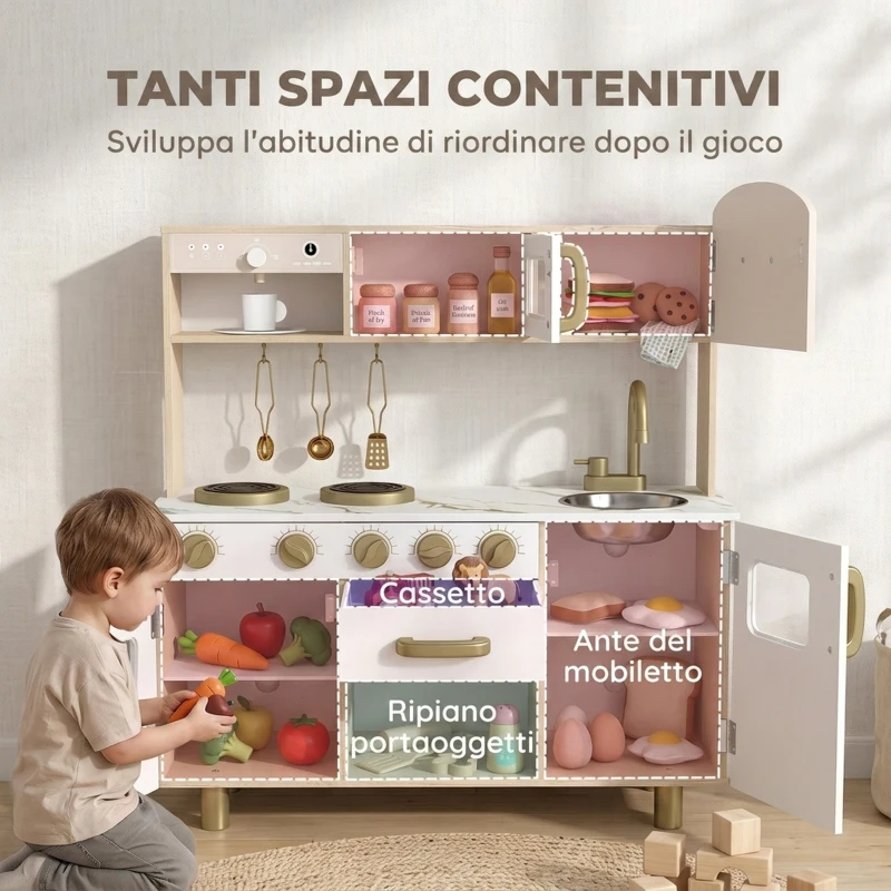 AIYAPLAY Cucina Giocattolo per Bambini con Macchina del Caffè Girevole, Fornelli, Rubinetto e Orologio, 3-6 Anni, Bianco