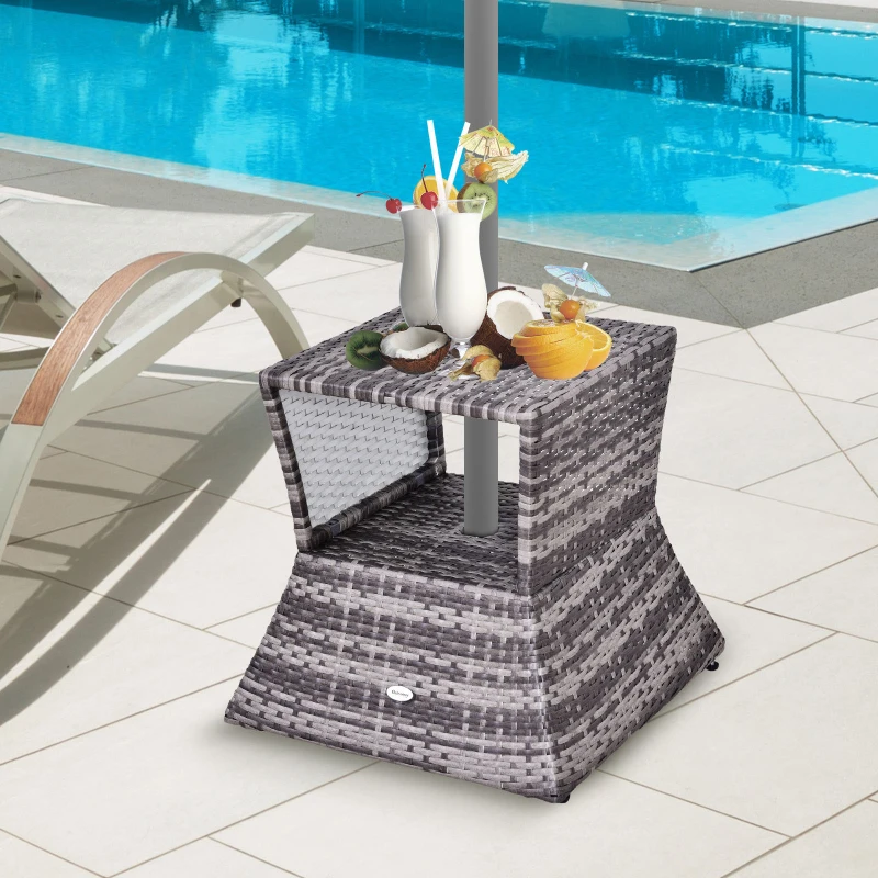 Outsunny Pied de parasol table basse 2 en 1 étagère inférieure intégrée résine tressée imitation rotin PE dim. 54L x 54l x 55H cm gris