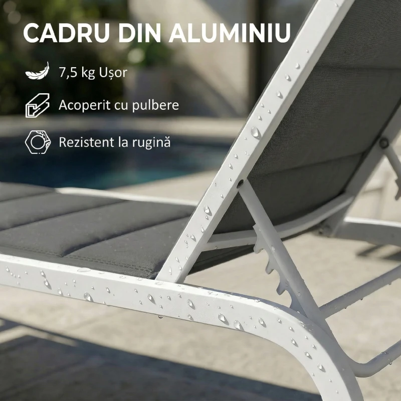 Outsunny Șezlong cu Roți, Spătar Reglabil, Cadru din Aluminiu, Cu Capitonare, Greutate Maximă 120 kg, Alb