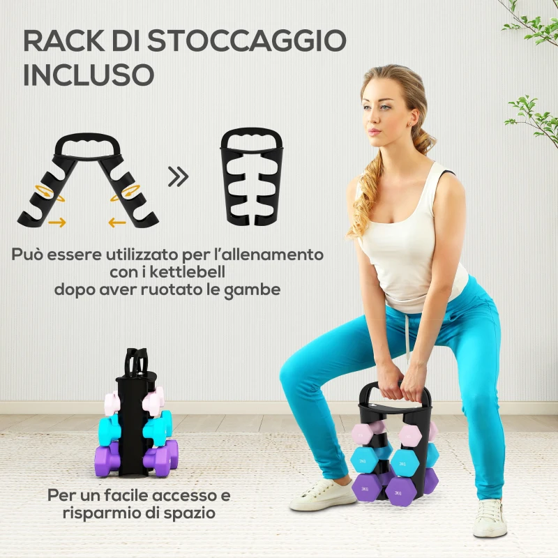 SPORTNOW Set 6 Manubri Pesi (2x1 kg, 2x2 kg, 2x3 kg) da 12 kg con Supporto/Kettlebell, in Metallo e PP Rosa, Azzurro e Viola