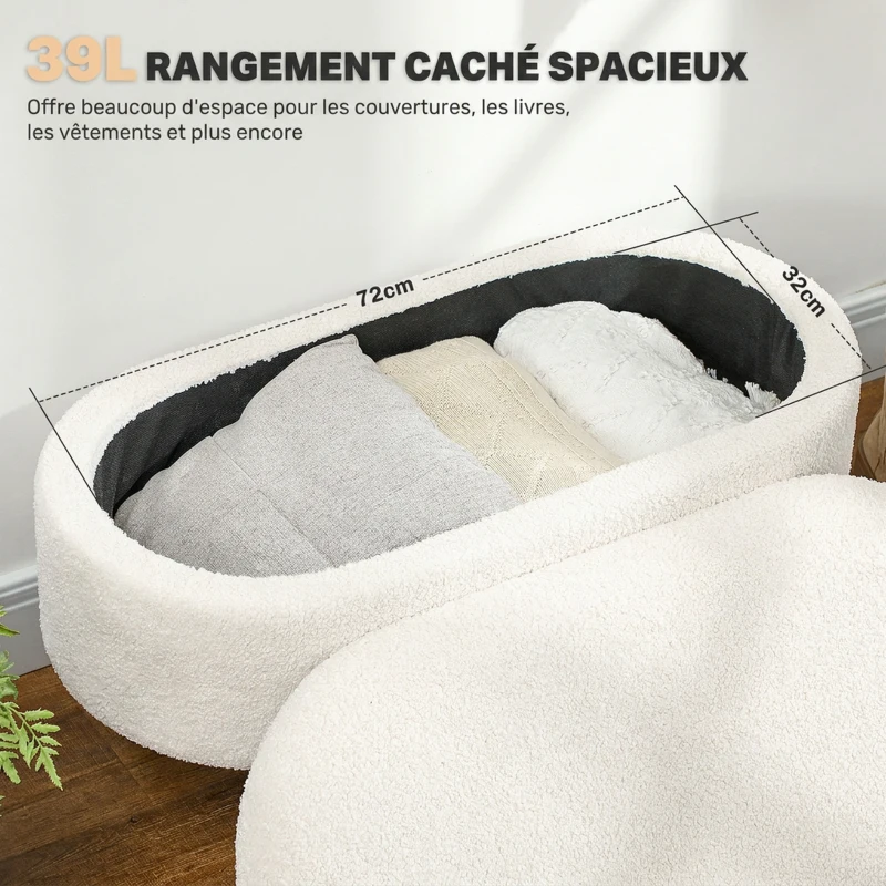 HOMCOM Banc de Rangement, Bout de Lit Rembourré en Peluche Teddy avec Couvercle et Pieds en Bois, 82 x 41 x 45 cm, Blanc(m-4)