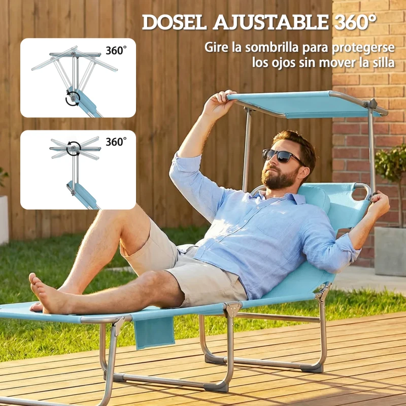Outsunny Set de 2 Tumbonas Plegables Reclinables con Dosel 360° Orificio Facial Bolsillo Lateral y Textilene 550 g/m² Azul