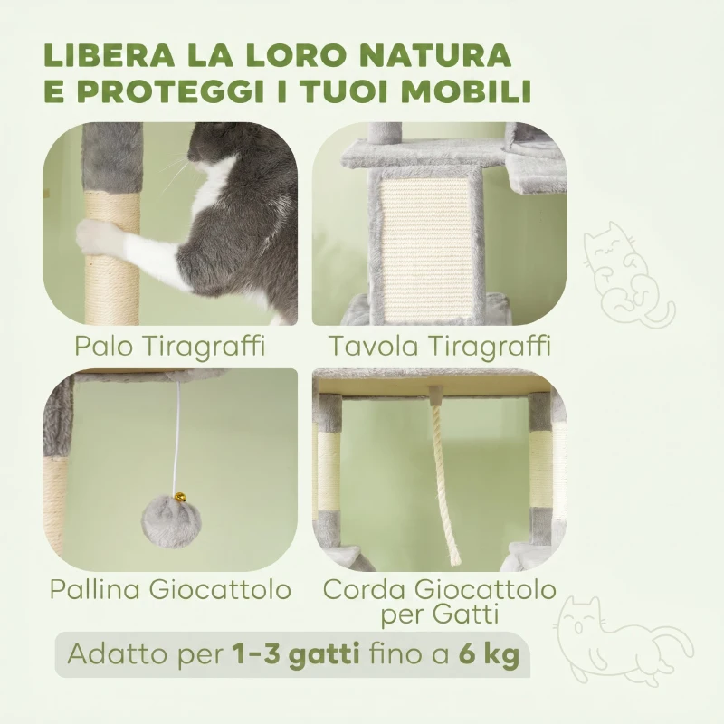 PawHut Albero per Gatti Alto 206 cm con 4 Pali Graffiatoi, Grotte, Cesti, Amache, per 1-3 Gattini 6 kg, Grigio Chiaro