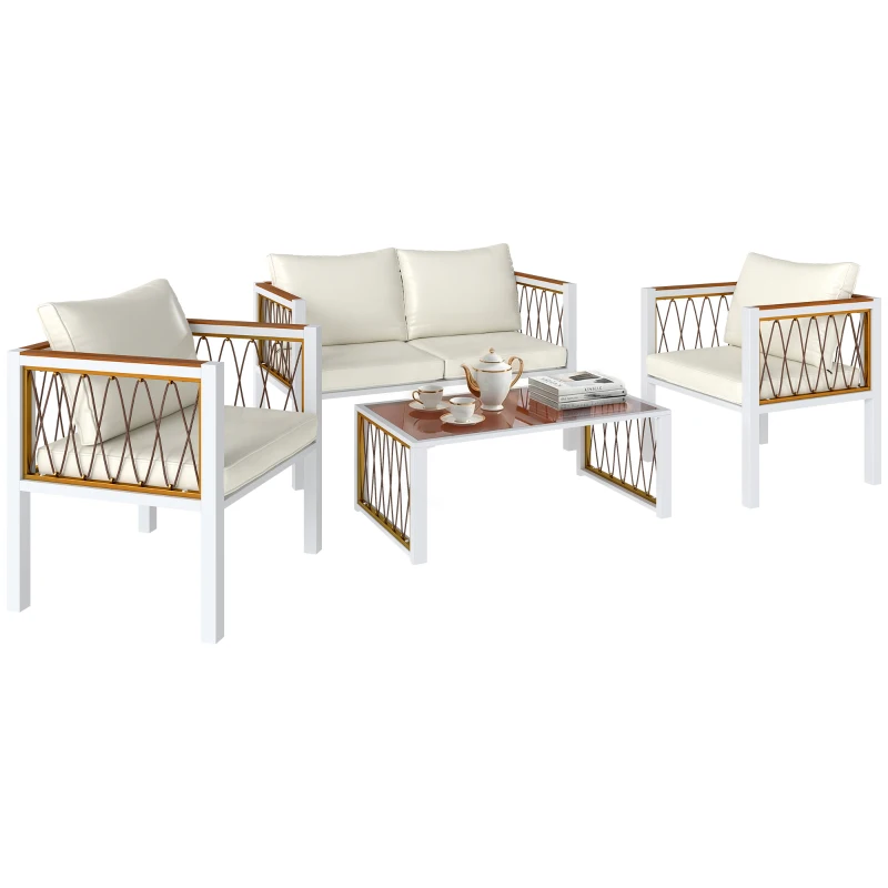 Outsunny Gartenmöbel Set 4-teilig Polyrattan Lounge-Set mit Zweisitzer 2 Sessel Glastisch abnehmbar Kissen rutschfesten Matte