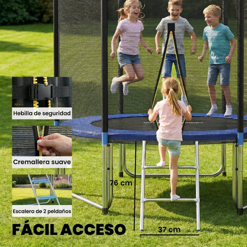 SPORTNOW Cama Elástica Exterior Ø305 cm Trampolín para Niños con Red de Seguridad Escalera y Acolchado de Muelles Azul