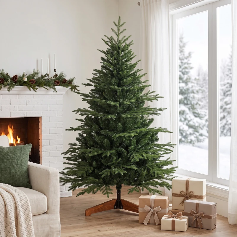 HOMCOM 150cm Artificial Christmas Tree Full Hinged Xmas Tree Solid Pine Wood Stand, Green