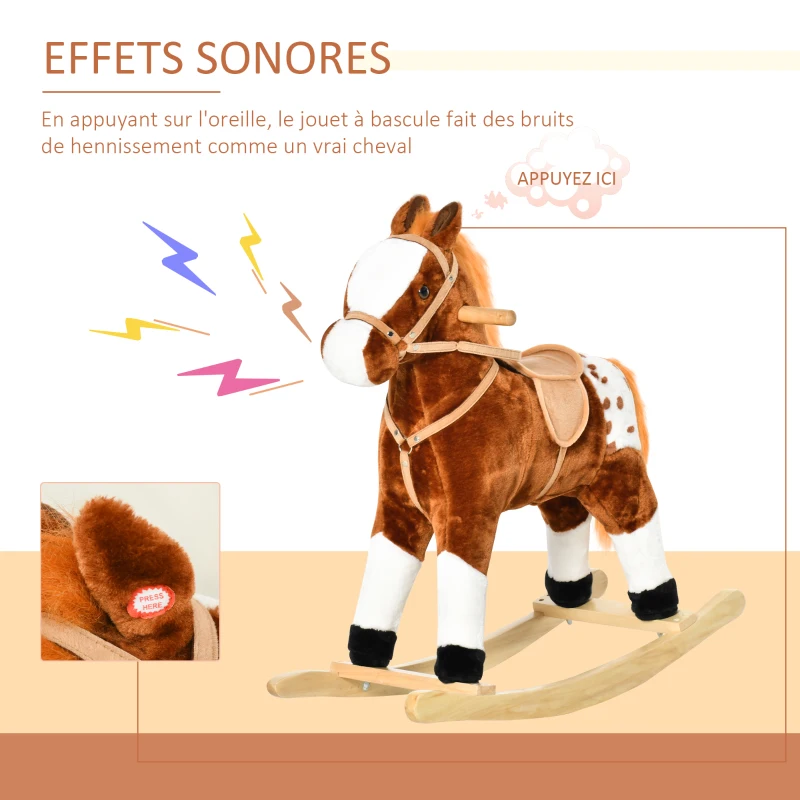 HOMCOM Cheval à Bascule en Bois et Peluche pour Enfant Cheval de Cowboy peluche Pour Enfants de 3-6 Ans Jouet balançoire avec Effet sonore Selle rênes Marron Blanc
