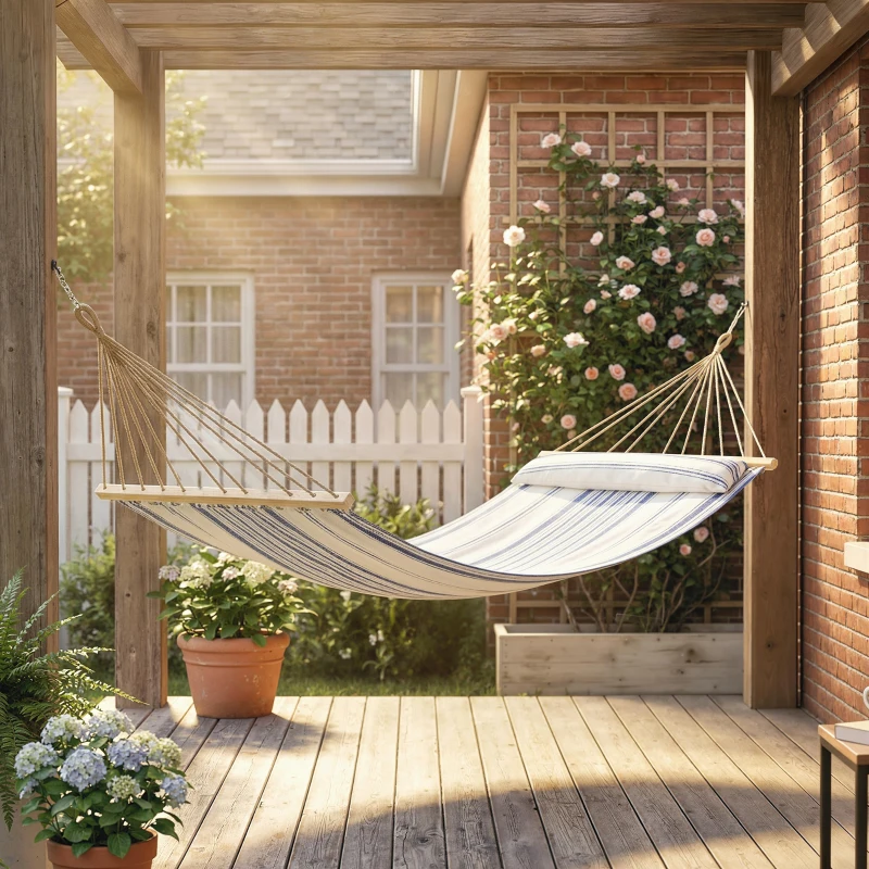 Outsunny Cotton Hammock, Soft Portable Swing Sleeping w/ Headrest & Side Pocket, Blue and White