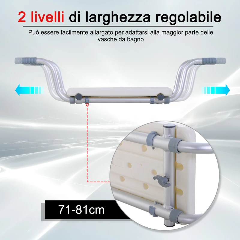 HOMCOM Sedile per Vasca in Lega di Alluminio e Plastica, Sgabello per Vasca da Bagno Larghezza Regolabile 73-83cm, Max. Carico 150kg