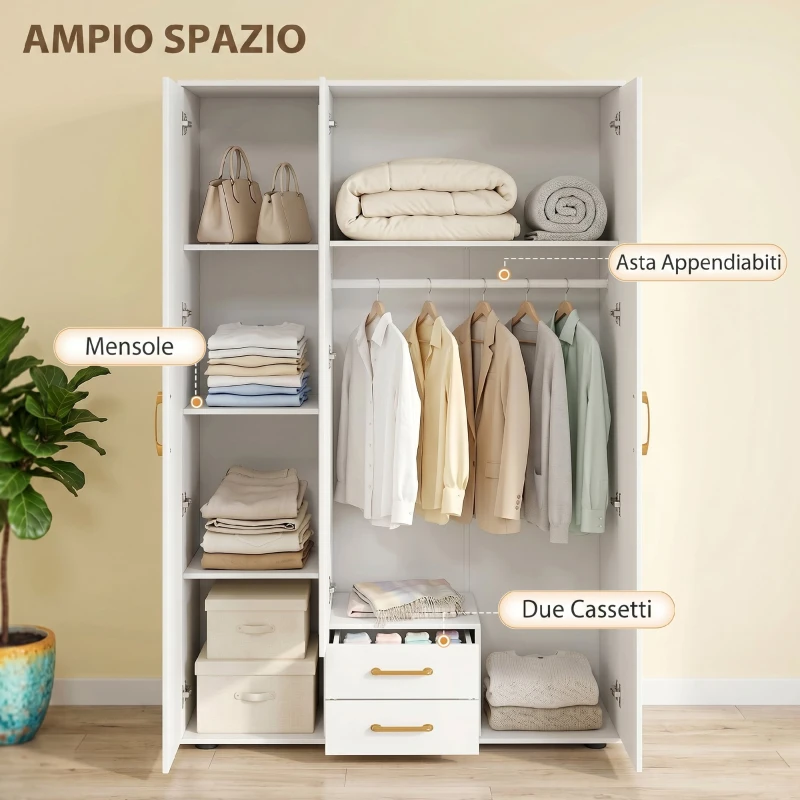 HOMCOM Armadio Moderno con Specchio, 3 Ante e 2 Cassetti, 120155x180 cm, Bianco