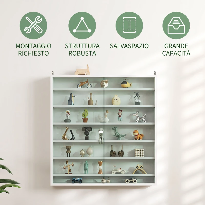 HOMCOM Bacheca Portaoggetti a 5 Ripiani Regolabili in Legno con Ante in Vetro, 80x9.5x83 cm, Bianco