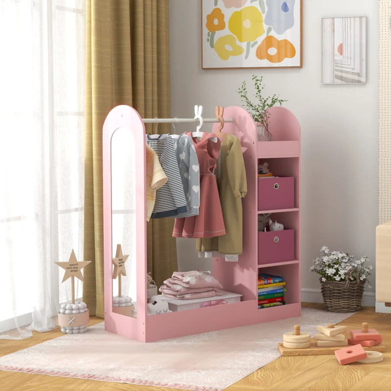 AIYAPLAY Appendiabiti per Bambini con Ripiani, Scatole e Specchio in Legno, Rosa