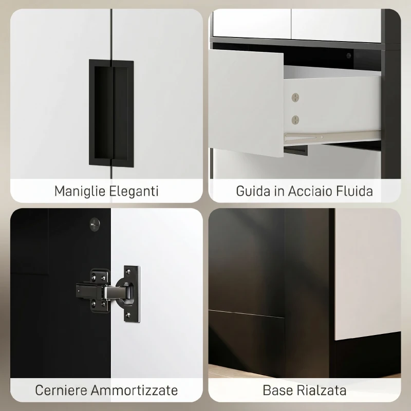 HOMCOM Armadio 2 Ante con 3 Cassetti, Moderno Armadio con Barra Appendiabiti, per Camera da Letto, Nero Bianco