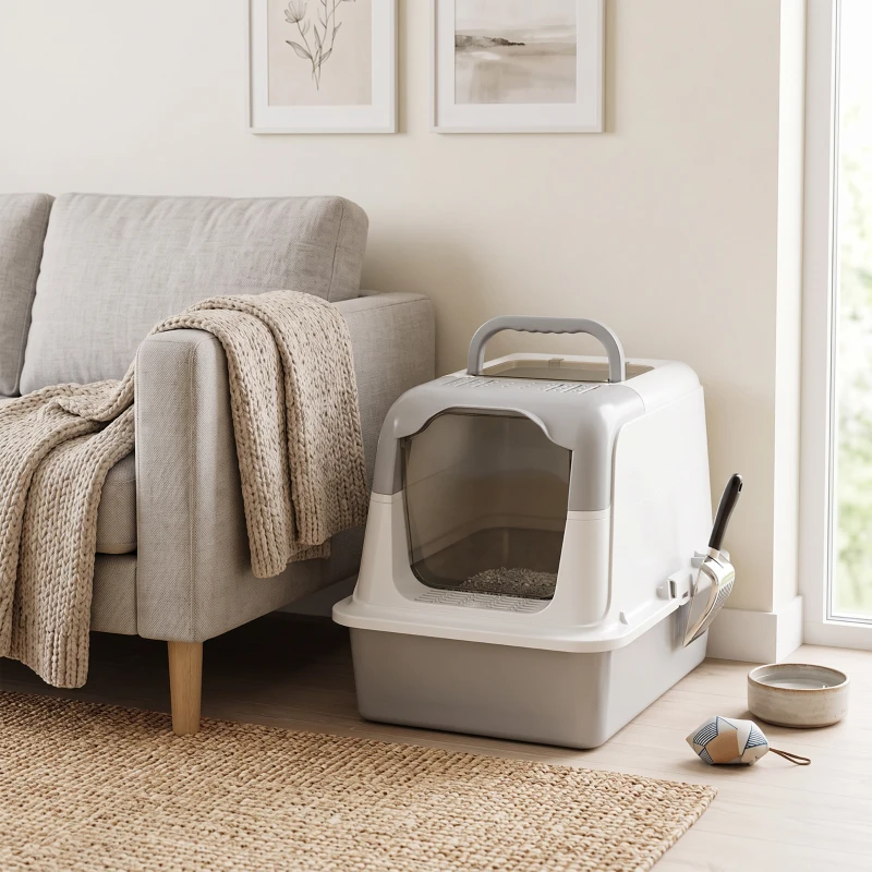 PawHut Maison de toilette pour chat bac à litière fermé bac acier inoxydable, nettoyage facile, 60,4 x 40,4 x 41,8 cm, blanc