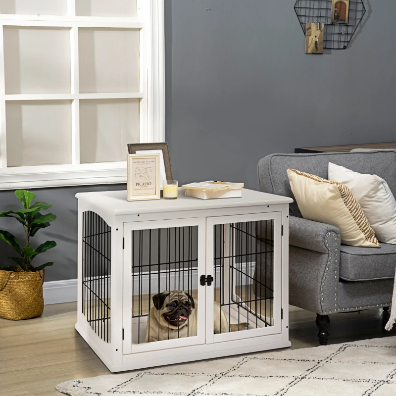 PawHut Cage pour chien intérieur en MDF E1, meuble 3 portes verrouillables, jusqu'à 30 kg, 81L x 58l x 66H cm, noir et blanc