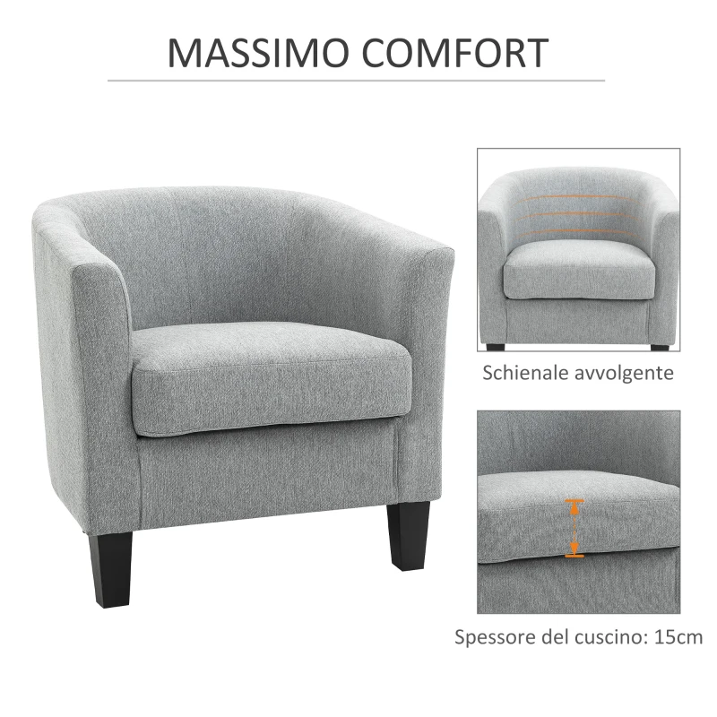 HOMCOM Poltrona Moderna Imbottita con Seduta Profonda, Poltroncina da Camera e Soggiorno, 75x72x74cm, Grigio