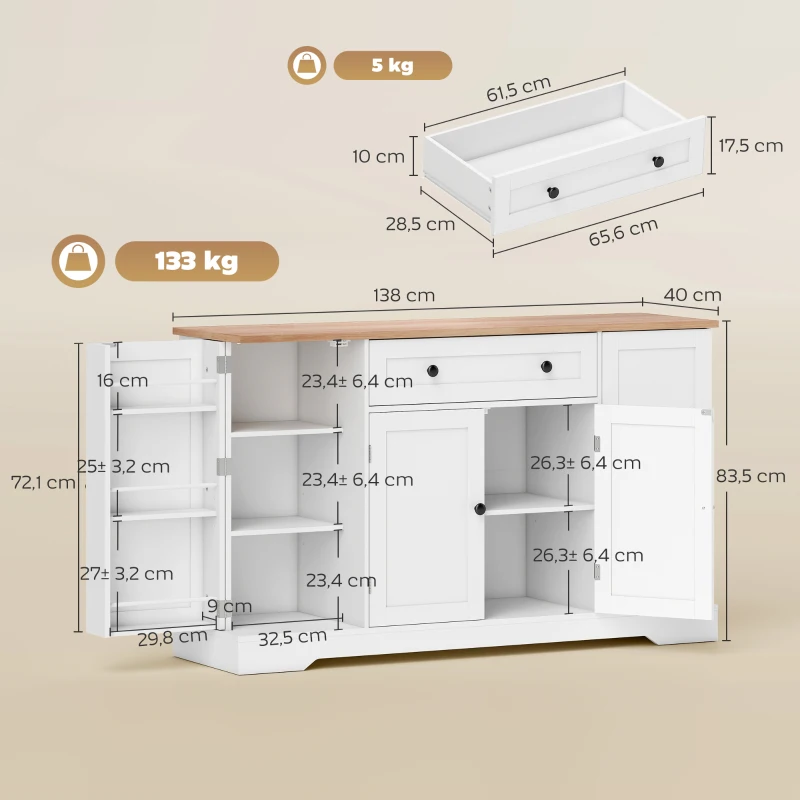 HOMCOM Aparador de Cozinha com Gaveta, Prateleiras nas Portas Prateleiras Ajustáveis Bar de Café 138x40x83,5 cm Branco