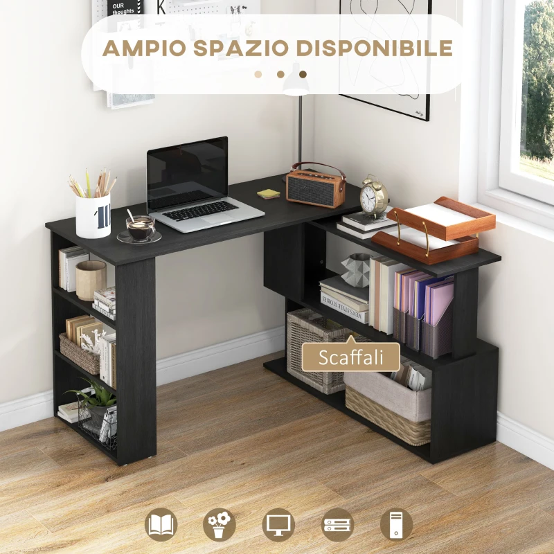 HOMCOM Scrivania Angolare con Piano Girevole a 360° e 5 Ripiani, 120x110x74.5 cm, Nero