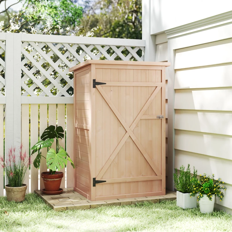 Outsunny Armario de Jardín de Madera para Exterior para Herramientas con 2 Estantes Techo Asfáltico 75x56x115cm Natural