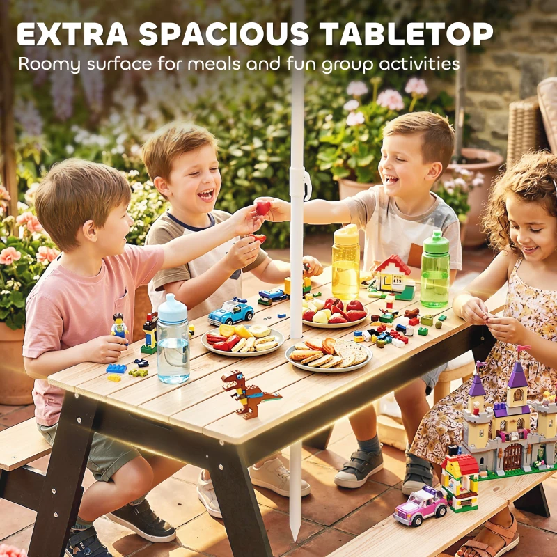 AIYAPLAY Kids Garden Furniture with Parasol, 3 in 1 Wooden Sand and Water Table with 2 Hidden Play Boxes for Patio, Ages 3-6