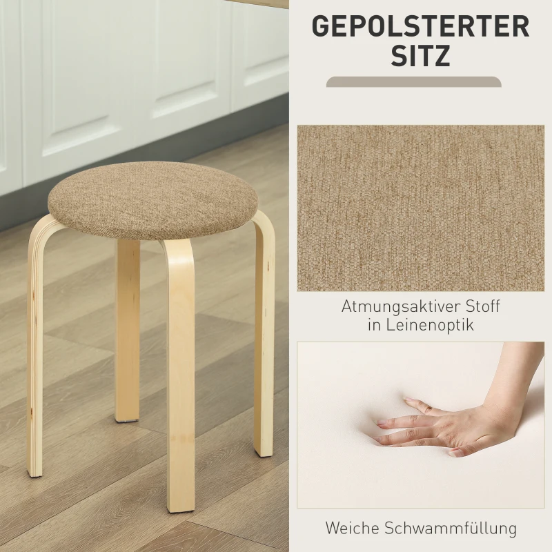 HOMCOM Polsterhocker im 4er-Set, stapelbar, lackierte Oberfläche, Holzbeine, Khaki