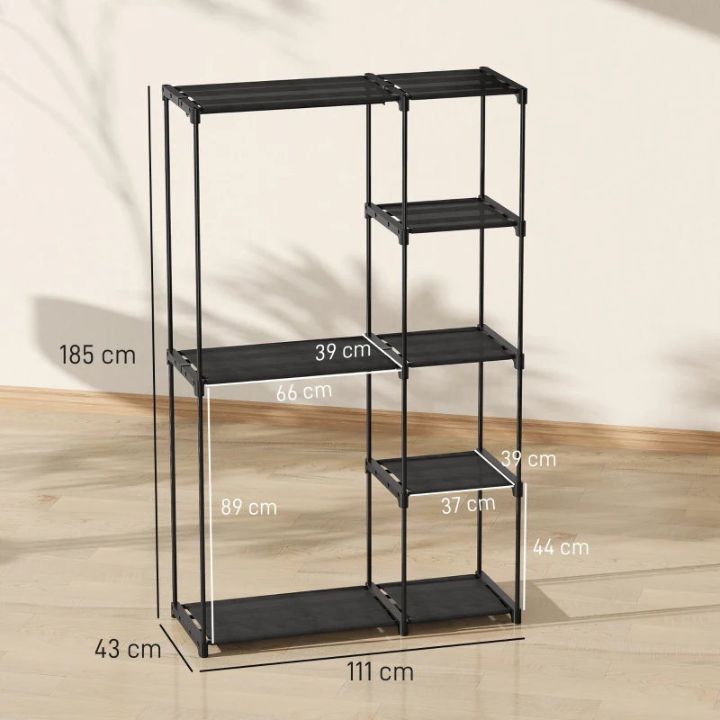 HOMCOM Guardaroba Portatile con 2 Aste e 6 Ripiani, in Tessuto non Tessuto, Plastica e Acciaio, 111x43x185 cm, Nero